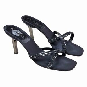 St. John Crystal Rhinestone Embellished Black Satin Heels Slides Sandals Sz 10 B